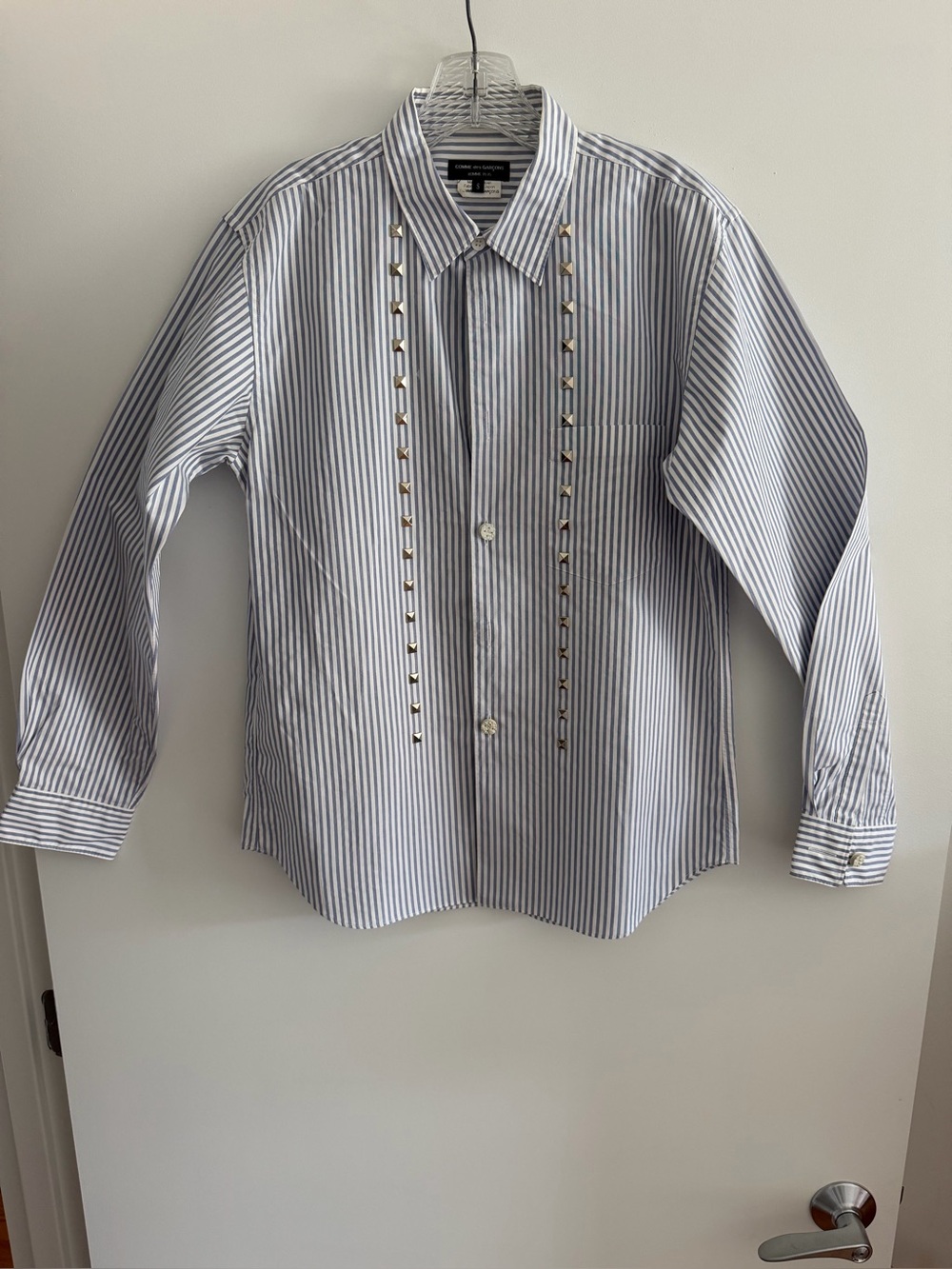 Comme des Garcons Men’s White & Blue Vertical Stripe Dress Shirt w. Stud Accents